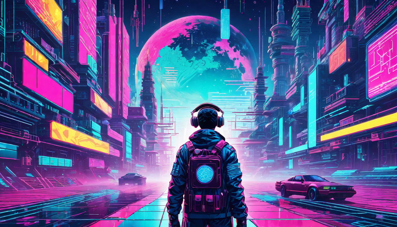  vaporwave,cyberpunk game style Person surrounded by intricate patterns, cosmic symbols floating, expression of wonder, infinite connectionseon, dystopian, futuristic, digital, vibrant, detailed, high contrast, reminiscent of cyberpunk genre video games,retro aesthetic, cyberpunk, vibrant, neon colors, vintage 80s and 90s style, highly detailed