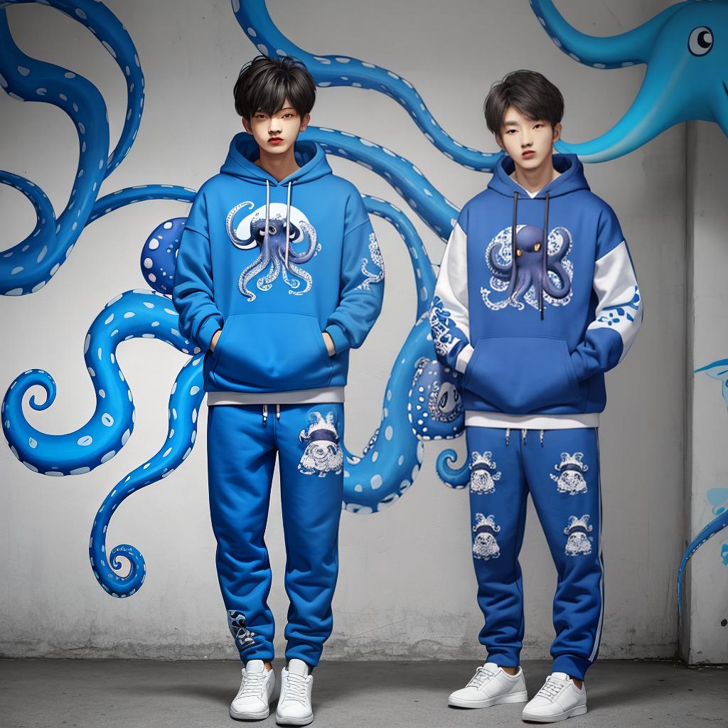  masterpiece, best quality,Graffiti blue octopus printed on hoodie and pants ,