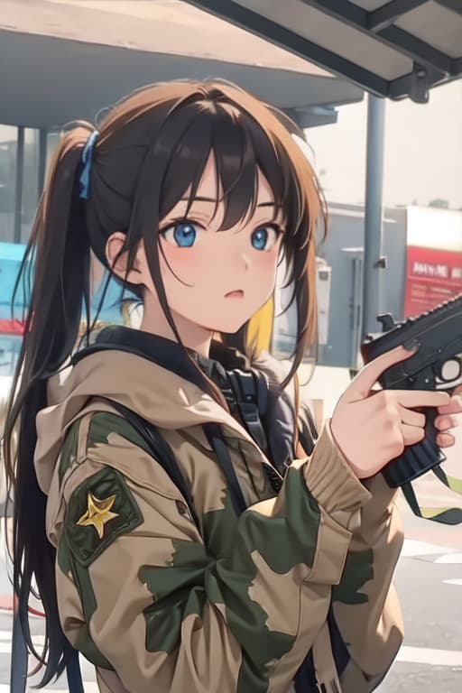  Military, girl, civilian, gun, camouflage