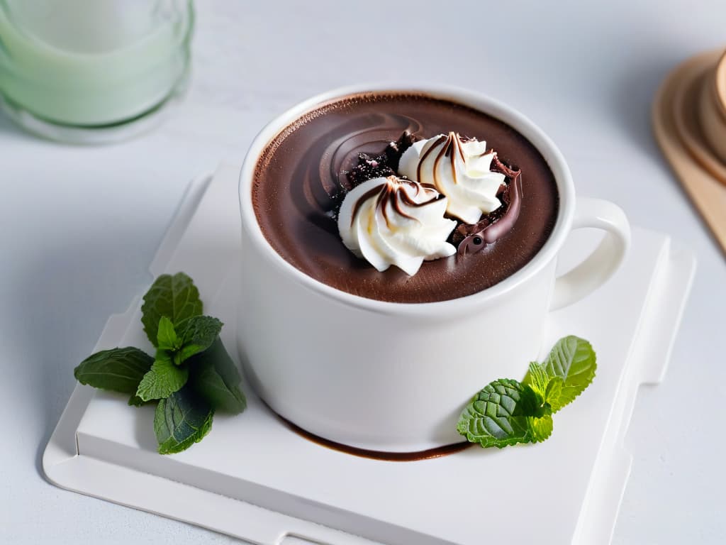  A serene and minimalist image of a steaming cup of rich hot chocolate topped with a delicate swirl of whipped cream, garnished with a single dark chocolate square resting on a saucer beside a sprig of fresh mint leaves. The background is a simple, clean white surface that enhances the deep brown tones of the chocolate, creating a soothing and indulgent visual representation of the topic. hyperrealistic, full body, detailed clothing, highly detailed, cinematic lighting, stunningly beautiful, intricate, sharp focus, f/1. 8, 85mm, (centered image composition), (professionally color graded), ((bright soft diffused light)), volumetric fog, trending on instagram, trending on tumblr, HDR 4K, 8K