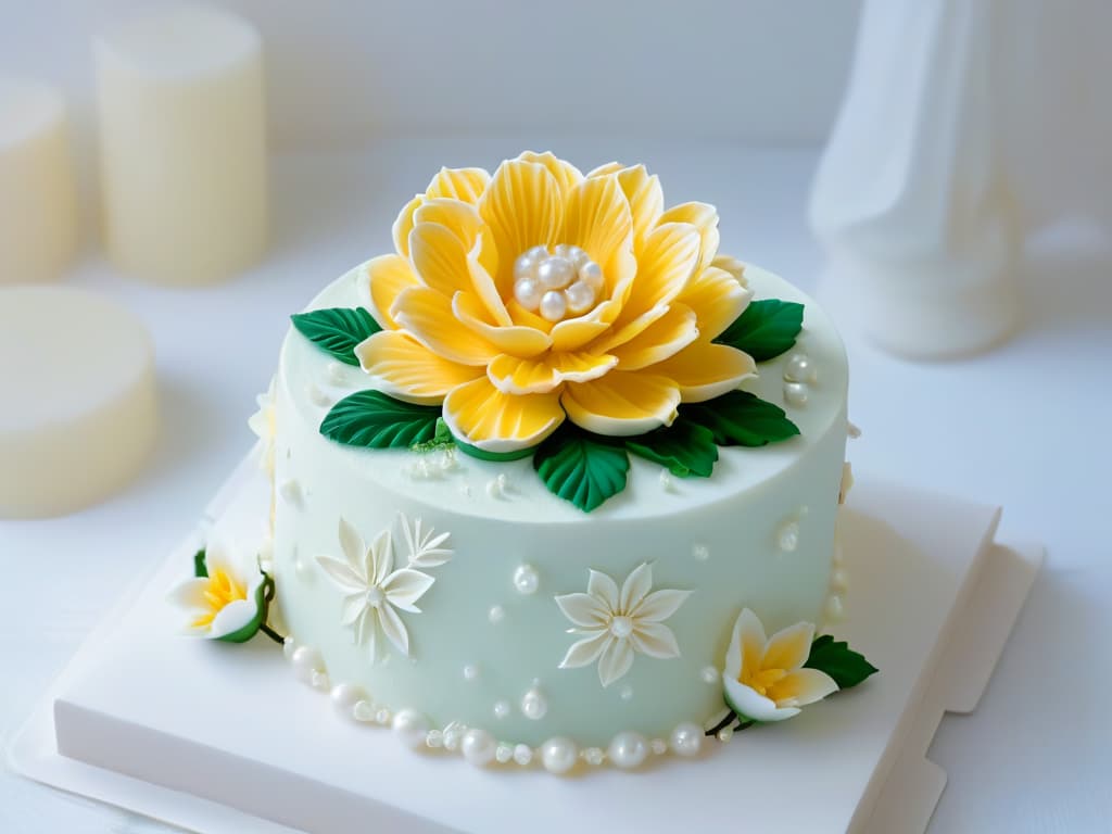  An ultradetailed image of a delicately crafted 3D printed sugar flower, showcasing intricate details and lifelike textures. The flower is placed on a pristine white cake, surrounded by soft pastelcolored macarons and shimmering sugar pearls. Light reflects off the delicate petals, emphasizing the precision and artistry of 3D printing in pastry decoration. hyperrealistic, full body, detailed clothing, highly detailed, cinematic lighting, stunningly beautiful, intricate, sharp focus, f/1. 8, 85mm, (centered image composition), (professionally color graded), ((bright soft diffused light)), volumetric fog, trending on instagram, trending on tumblr, HDR 4K, 8K