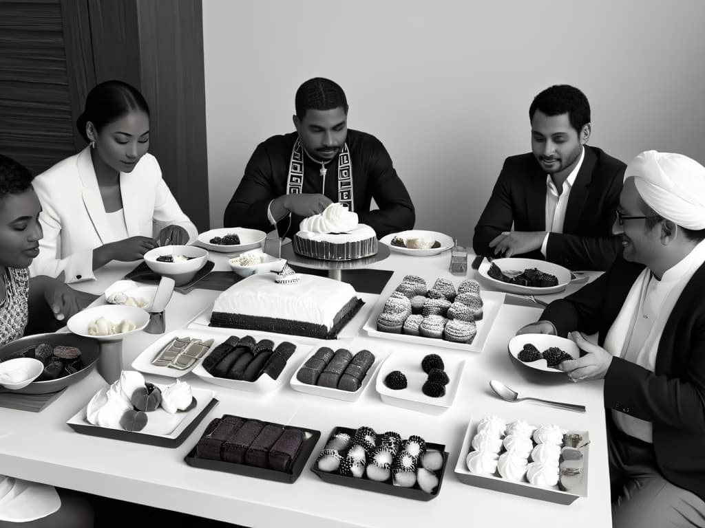  A minimalist and modern black and white line art illustration of a diverse group of people from different cultures and backgrounds gathered around a table, sharing and enjoying various traditional desserts and pastries. The image conveys a sense of unity, cultural exchange, and the social significance of pastrymaking throughout history. hyperrealistic, full body, detailed clothing, highly detailed, cinematic lighting, stunningly beautiful, intricate, sharp focus, f/1. 8, 85mm, (centered image composition), (professionally color graded), ((bright soft diffused light)), volumetric fog, trending on instagram, trending on tumblr, HDR 4K, 8K