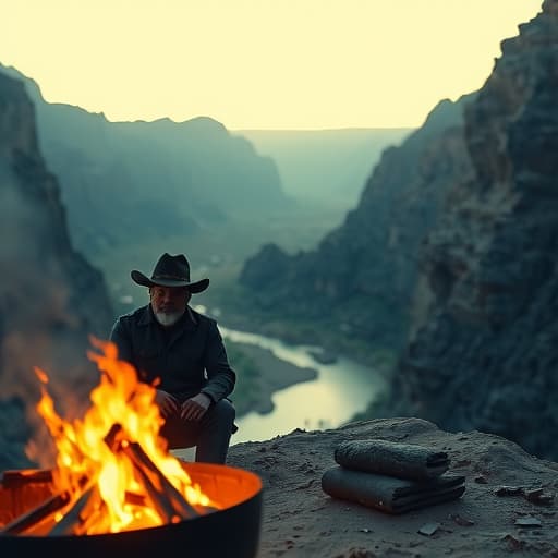  create a western inspired photograph shot in 50mm from a first person view sitting around a campfire. also inspired by roger deakins cinematogrphy work. this photograph has to emphasize tension and each section is motivating each other to tell a story. in the midground shows a railway going into a man sized mining cavern. the overall scene is set in a desert setting at dawn just before the sunrise. the scene is seperated in three sections, the foreground, middleground, and background. the background shows a deep canyon below with rugged rock formations and a winding river that tapers down into the distance. the midground appears closer to your area at around 100 ft away and comprises part of a canyonside. within this canyonside you see a ra hyperrealistic, full body, detailed clothing, highly detailed, cinematic lighting, stunningly beautiful, intricate, sharp focus, f/1. 8, 85mm, (centered image composition), (professionally color graded), ((bright soft diffused light)), volumetric fog, trending on instagram, trending on tumblr, HDR 4K, 8K