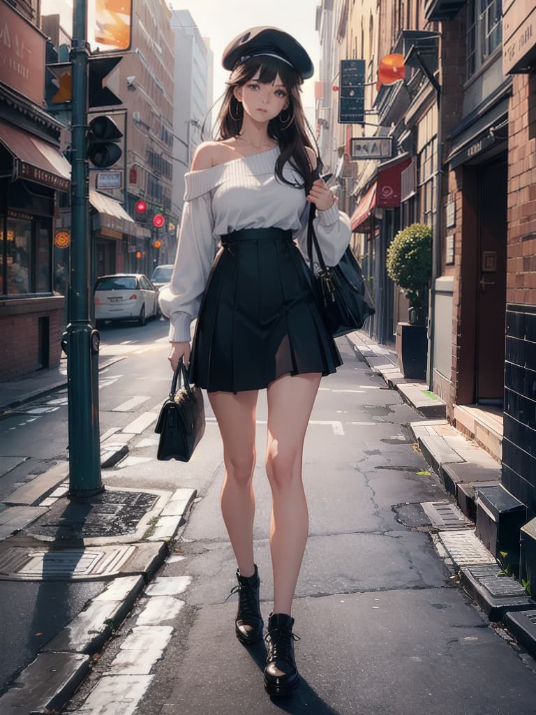  masterpiece, best quality, 1girl, bag, upper body, street, bangs, bare shoulders, beret, black footwear, black headwear, brown eyes, brown hair, closed mouth, handbag, hat, holding, long hair, long sleeves, looking at viewer, off shoulder, shoes, skirt, sleeves past wrists, socks, solo, sweater, white legwear hyperrealistic, full body, detailed clothing, highly detailed, cinematic lighting, stunningly beautiful, intricate, sharp focus, f/1. 8, 85mm, (centered image composition), (professionally color graded), ((bright soft diffused light)), volumetric fog, trending on instagram, trending on tumblr, HDR 4K, 8K