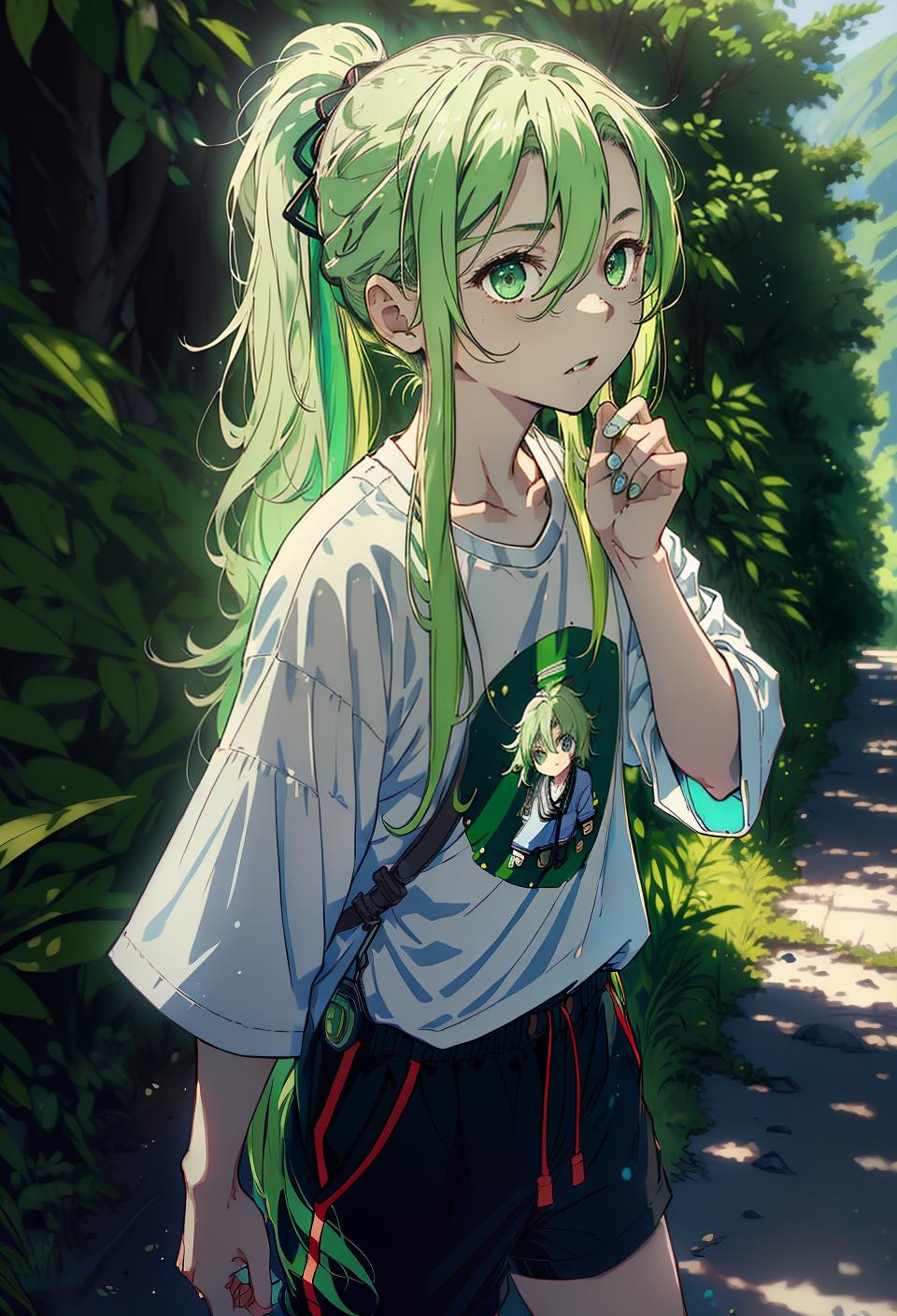  ((trending, highres, masterpiece, cinematic shot)), 1boy, chibi, male casual wear, hiking scene, very long wavy light green hair, short ponytail, narrow dark eyes, gentle personality, relaxed expression, very pale skin, epic, lucky