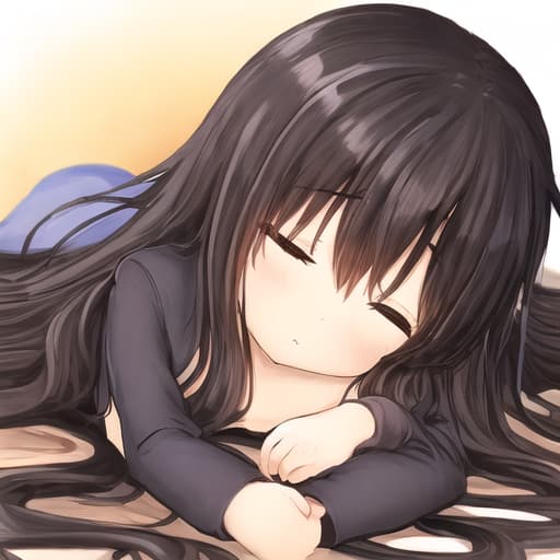  A sleepy cute Neko woman, small, flat chest, big,, brown eyes, large,, and long wavy black hair