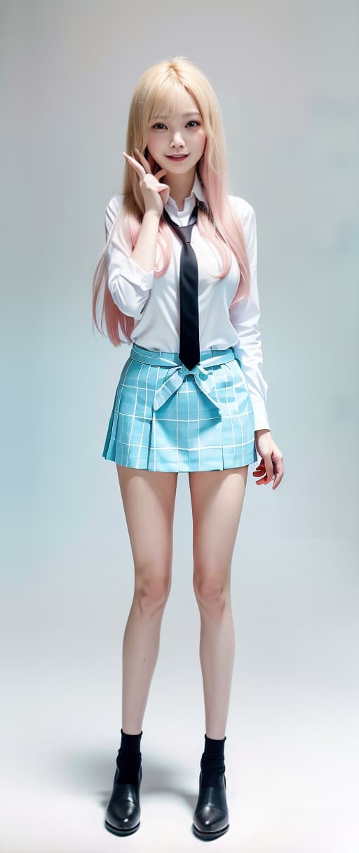  Blond, uniform, long hair, big breasts, big eyes, smiles, pink gradation hair, light blue skirt, GRINNING, piece sign, white cutter shirt, black tie,, (Masterpiece, BestQuality:1.3), (ultra detailed:1.2), (hyperrealistic:1.3), (RAW photo:1.2),High detail RAW color photo, professional photograph, (Photorealistic:1.4), (realistic:1.4), ,professional lighting, (japanese), beautiful face, (realistic face)