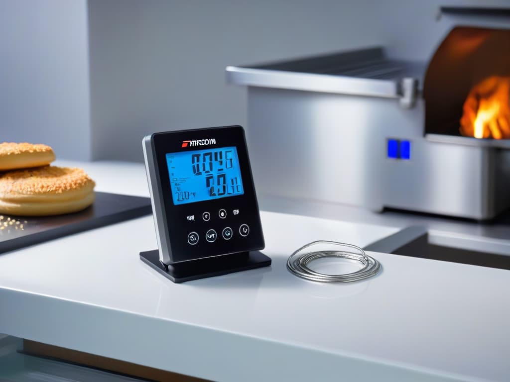  A closeup, ultradetailed image of a sleek, modern digital thermometer with a vibrant, easytoread display, set against a soft, blurred background that subtly hints at a bustling kitchen environment. The thermometer's sharp, precise lines and the clarity of the numbers on its screen exude an air of professionalism and precision, perfectly encapsulating the essential tool for any aspiring pastry chef. hyperrealistic, full body, detailed clothing, highly detailed, cinematic lighting, stunningly beautiful, intricate, sharp focus, f/1. 8, 85mm, (centered image composition), (professionally color graded), ((bright soft diffused light)), volumetric fog, trending on instagram, trending on tumblr, HDR 4K, 8K