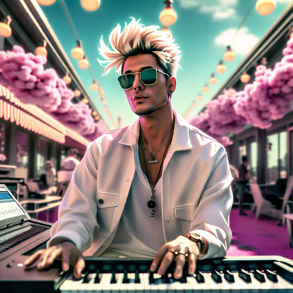  Picture a person whose music list consists of 33% of j pixie genre, 33% of anime piano genre, 33% of anime genre. This person's style should reflect all the music genres he listens to, from more to less, depending on their dominance. hyperrealistic, full body, detailed clothing, highly detailed, cinematic lighting, stunningly beautiful, intricate, sharp focus, f/1. 8, 85mm, (centered image composition), (professionally color graded), ((bright soft diffused light)), volumetric fog, trending on instagram, trending on tumblr, HDR 4K, 8K