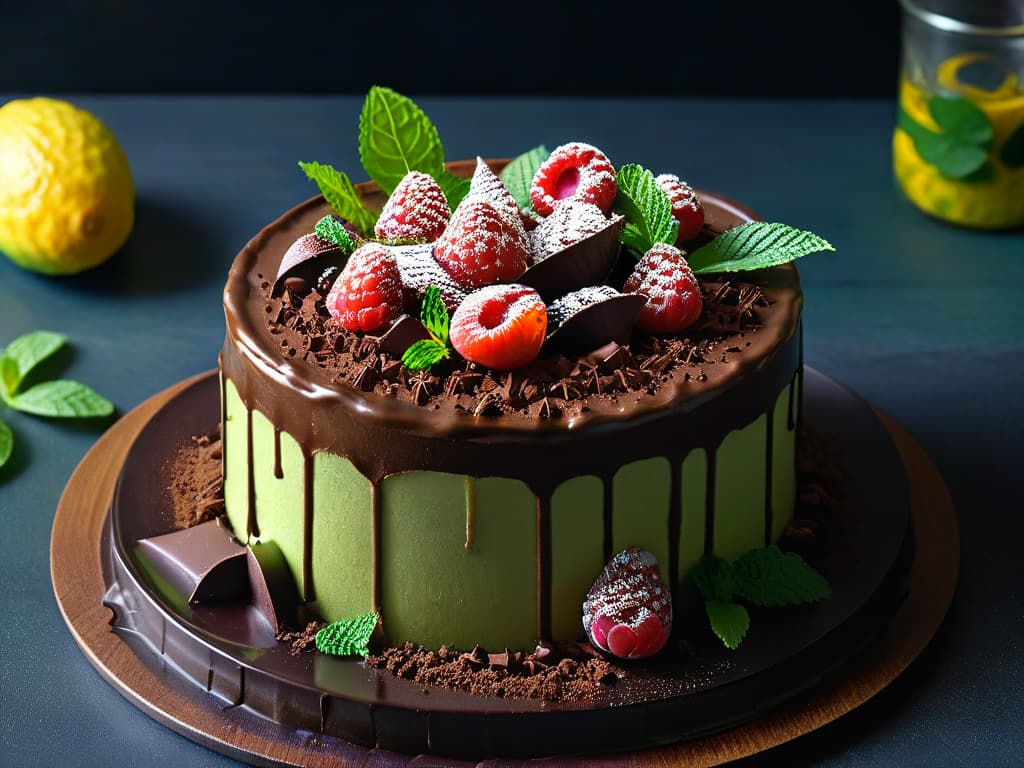  A closeup, ultradetailed image of a decadent chocolate avocado mousse cake garnished with fresh raspberries and mint leaves. The cake is perfectly sliced to showcase its rich, creamy layers, with a glossy chocolate glaze cascading down the sides. The vibrant red of the raspberries and the deep green of the mint leaves provide a striking contrast against the dark chocolate backdrop, emphasizing the luxurious and indulgent nature of this avocadoinfused dessert. hyperrealistic, full body, detailed clothing, highly detailed, cinematic lighting, stunningly beautiful, intricate, sharp focus, f/1. 8, 85mm, (centered image composition), (professionally color graded), ((bright soft diffused light)), volumetric fog, trending on instagram, trending on tumblr, HDR 4K, 8K