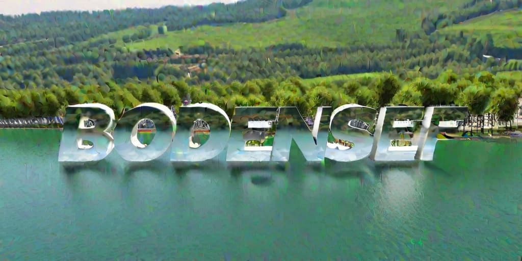  3D text "BODENSEE" floating above Lake Constance, clear daytime, 3D Model style, high resolution render., high resolution, ((sharp focus)), best quality, ((masterpiece))