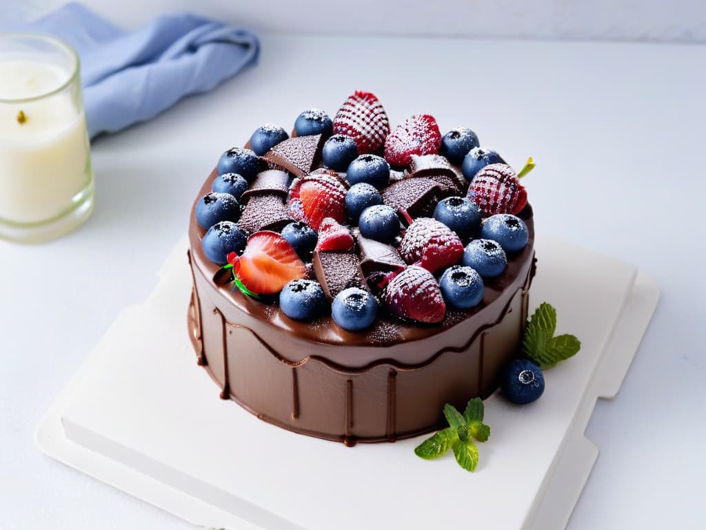  A closeup, ultradetailed image of a perfectly frosted vegan and glutenfree chocolate cake, topped with fresh berries and mint leaves, set against a sleek, white marble background. The frosting is smooth and glossy, with intricate swirls and delicate piped details, showcasing the artistry and elegance of modern vegan baking. The vibrant colors of the berries and greenery contrast beautifully with the rich, dark chocolate cake, creating a visually stunning and appetizing composition. hyperrealistic, full body, detailed clothing, highly detailed, cinematic lighting, stunningly beautiful, intricate, sharp focus, f/1. 8, 85mm, (centered image composition), (professionally color graded), ((bright soft diffused light)), volumetric fog, trending on instagram, trending on tumblr, HDR 4K, 8K