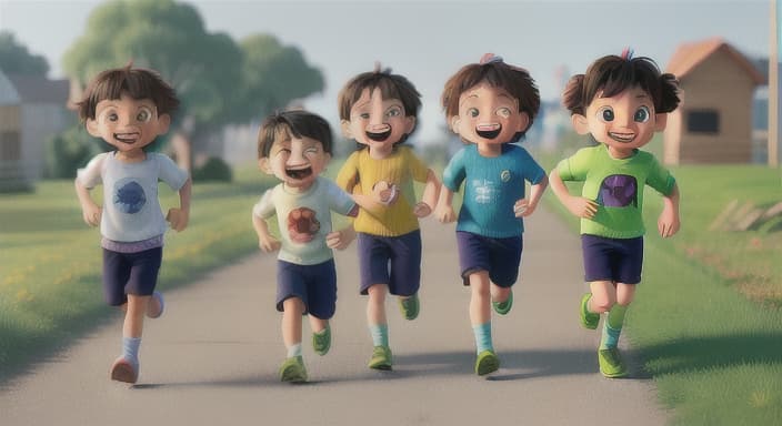  {See children running and laughing together., Kids with different clothing styles.