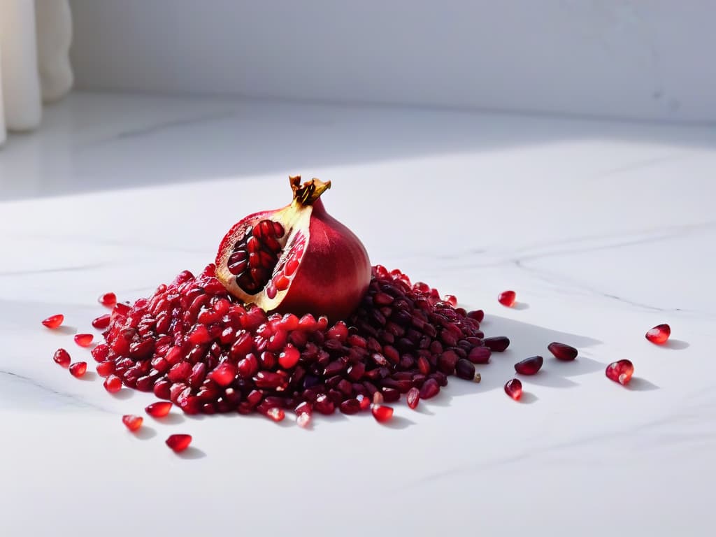  A closeup, ultradetailed image of vibrant red pomegranate seeds scattered on a white marble countertop, showcasing their juicy texture and rich color. The natural light from a nearby window creates soft shadows, emphasizing the organic and healthy aspect of the food ingredient. The intricate details of the seeds are highlighted, inviting the viewer to appreciate the beauty and potential of using natural food dyes in culinary creations. hyperrealistic, full body, detailed clothing, highly detailed, cinematic lighting, stunningly beautiful, intricate, sharp focus, f/1. 8, 85mm, (centered image composition), (professionally color graded), ((bright soft diffused light)), volumetric fog, trending on instagram, trending on tumblr, HDR 4K, 8K