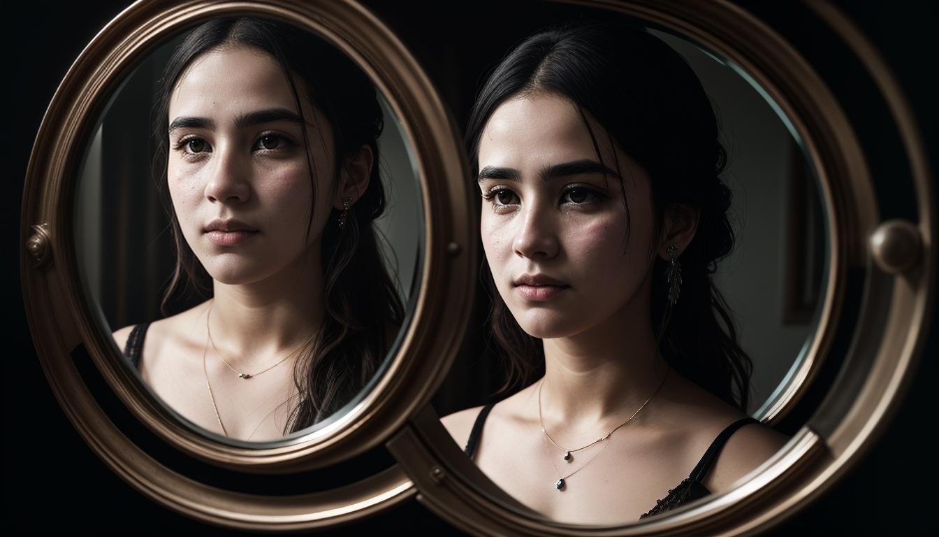  cinematic, aesthetic, Cracked mirror reflecting diverse faces, each fragment showing a different expression, mirror with ornate borders, vulnerability, depth of character, fragmented self, 4k, HDR, lens flare