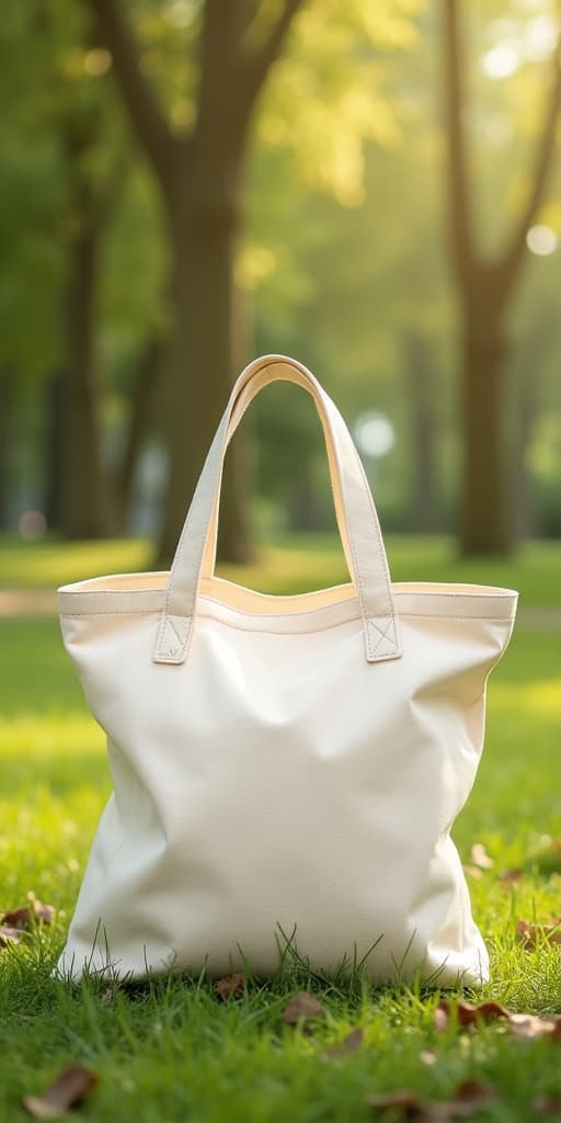  good quality, high quality, tote bag mockup concept image with a blank tote bag sitting outside in a park on sunny day for the large sturdy cloth unfastened bag with parallel handles with copy space