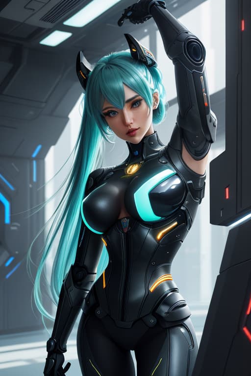  cgmech, beautiful eyes, upper body, underboob, portrait, robot, corset , Hatsune Miku, neon light, 8K, RAW, best quality, masterpiece, ultra high res, colorful, (medium wide shot), (dynamic perspective), sharp focus , (depth of field, bokeh:1.3), extremely detailed eyes and face, beautiful detailed eyes,large breasts,(black gold, trimmed gear:1.2),(In a futuristic weapons factory:1.2), ((masterpiece, best quality)), <lora:more details:0.3> Detailed background, spaceship interior <lora:Niji:0.5> hyperrealistic, full body, detailed clothing, highly detailed, cinematic lighting, stunningly beautiful, intricate, sharp focus, f/1. 8, 85mm, (centered image composition), (professionally color graded), ((bright soft diffused light)), volumetric fog, trending on instagram, trending on tumblr, HDR 4K, 8K