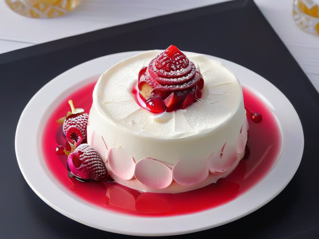  A closeup, ultrahighresolution image of a pristine white meringue dessert delicately placed on a sleek, modern plate. The meringue is artfully drizzled with a vibrant, glossy raspberry reduction, with tiny droplets glistening in the light. The plate sits on a dark, matte surface, creating a stark yet elegant contrast that emphasizes the intricate textures and colors of the dessert. The focus is on the exquisite details of the dessert, showcasing its beauty and craftsmanship in a minimalistic and visually striking manner. hyperrealistic, full body, detailed clothing, highly detailed, cinematic lighting, stunningly beautiful, intricate, sharp focus, f/1. 8, 85mm, (centered image composition), (professionally color graded), ((bright soft diffused light)), volumetric fog, trending on instagram, trending on tumblr, HDR 4K, 8K