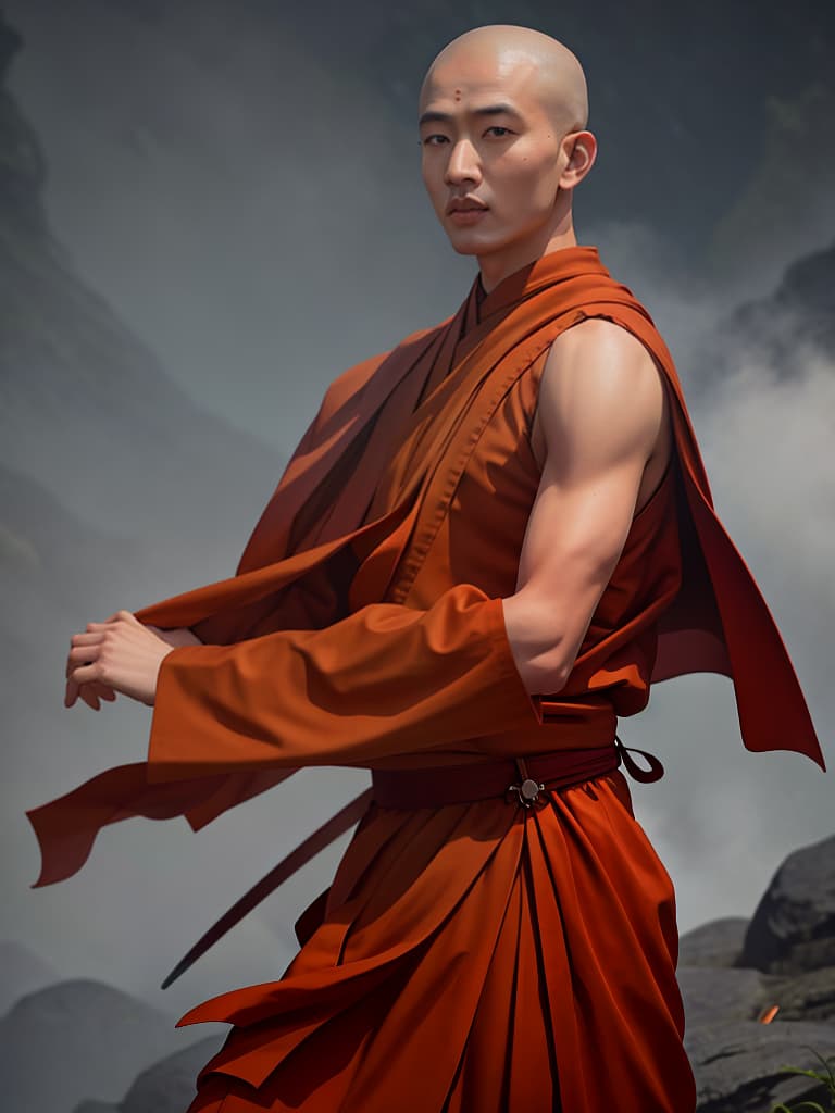  Evil Buddist Monk hyperrealistic, full body, detailed clothing, highly detailed, cinematic lighting, stunningly beautiful, intricate, sharp focus, f/1. 8, 85mm, (centered image composition), (professionally color graded), ((bright soft diffused light)), volumetric fog, trending on instagram, trending on tumblr, HDR 4K, 8K