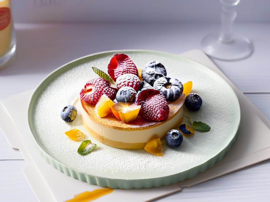  A closeup, ultradetailed image of a beautifully plated, elegant dessert on a white, minimalist plate. The dessert is a colorful, intricate fruit tart topped with edible flowers, dusted with powdered sugar, and garnished with delicate mint leaves. The vibrant colors and exquisite details of the dessert create a visually stunning and enticing image, perfectly capturing the essence of highend, healthy desserts for special events. hyperrealistic, full body, detailed clothing, highly detailed, cinematic lighting, stunningly beautiful, intricate, sharp focus, f/1. 8, 85mm, (centered image composition), (professionally color graded), ((bright soft diffused light)), volumetric fog, trending on instagram, trending on tumblr, HDR 4K, 8K