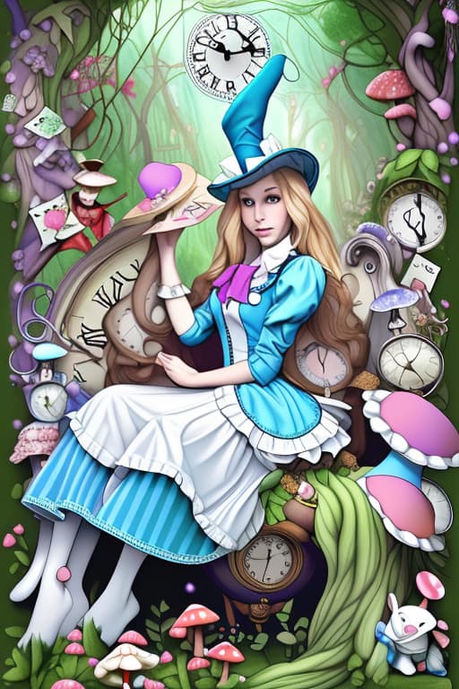  Alice in wonderland, keyhole there is a rabbit with a clock, the mad hatter’s hat, mushrooms and a carterpilla