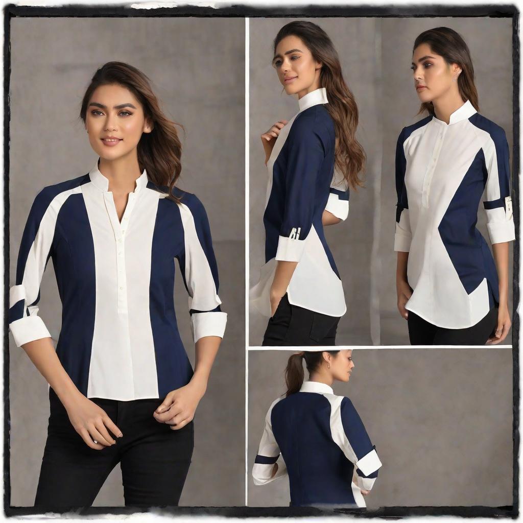  masterpiece, best quality,Navy Blue fit and flare women's shirt with chinese collar, sleeves folded till elbow paired with Black Skinny Jeans,