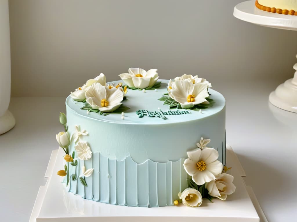  A beautifully minimalistic image of a pristine white fondant cake adorned with delicate, intricate piping details in pastel colors. The cake is elegantly displayed on a sleek, marble cake stand, with soft natural light casting gentle shadows, highlighting the precision and artistry of the decoration. The piping includes intricate swirls, florals, and elegant script spelling out "Felicidades" in a stylish font, showcasing the beauty and sophistication of cake decorating for beginners. hyperrealistic, full body, detailed clothing, highly detailed, cinematic lighting, stunningly beautiful, intricate, sharp focus, f/1. 8, 85mm, (centered image composition), (professionally color graded), ((bright soft diffused light)), volumetric fog, trending on instagram, trending on tumblr, HDR 4K, 8K