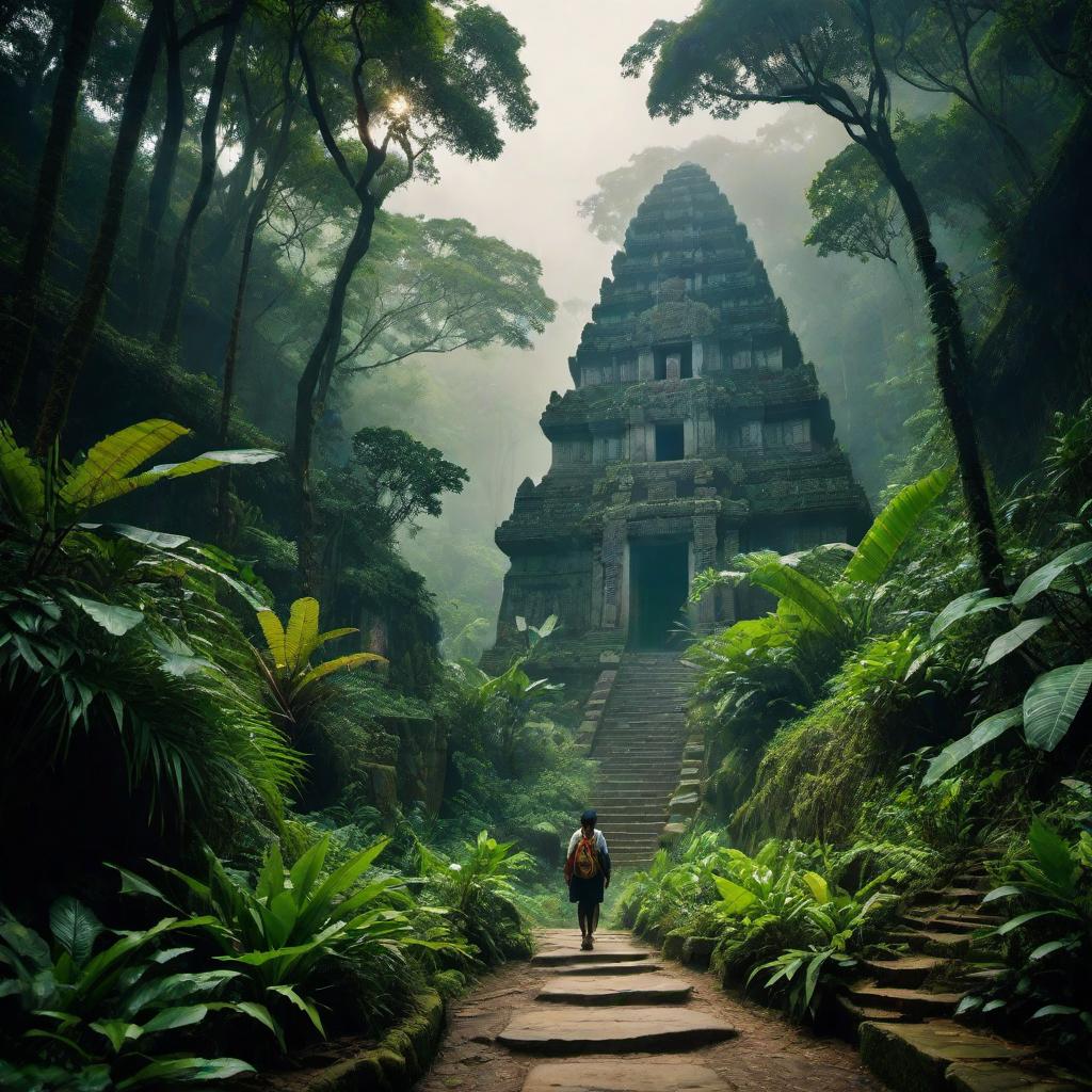  A dense jungle path leading to a hidden temple, shrouded in mystery and ancient magic. hyperrealistic, full body, detailed clothing, highly detailed, cinematic lighting, stunningly beautiful, intricate, sharp focus, f/1. 8, 85mm, (centered image composition), (professionally color graded), ((bright soft diffused light)), volumetric fog, trending on instagram, trending on tumblr, HDR 4K, 8K