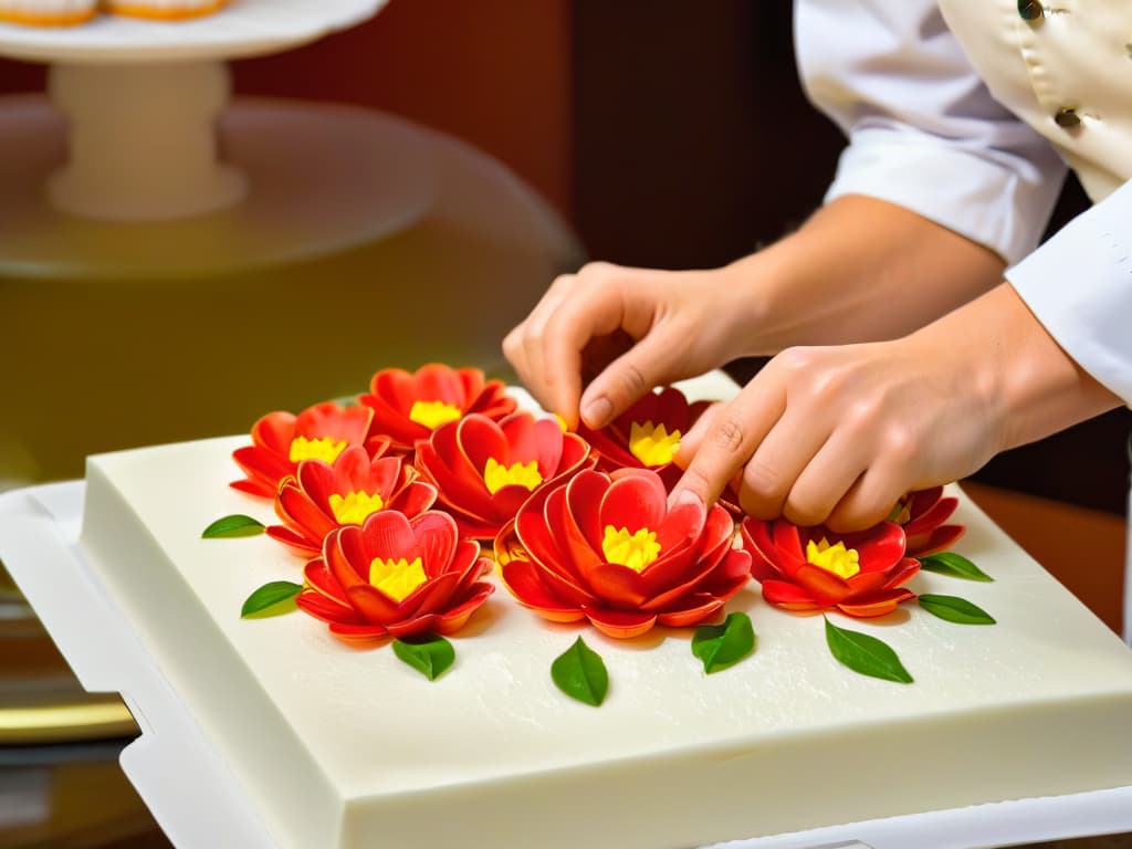  A closeup, ultradetailed image of a chef's hands meticulously crafting delicate sugar flowers from sustainable, locally sourced ingredients. The hands are skillfully shaping vibrant petals and leaves, showcasing the intricate process of creating sustainable decorations for pastries. The background is subtly blurred, emphasizing the precision and artistry involved in innovative sustainable baking techniques. hyperrealistic, full body, detailed clothing, highly detailed, cinematic lighting, stunningly beautiful, intricate, sharp focus, f/1. 8, 85mm, (centered image composition), (professionally color graded), ((bright soft diffused light)), volumetric fog, trending on instagram, trending on tumblr, HDR 4K, 8K