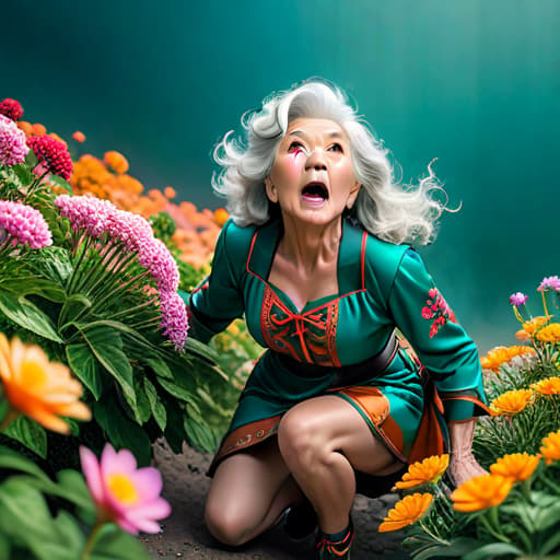   old woman, flower dress, exposing , aheago face, open mouth, squatting dynamic view, from above, looking up at viewer, tongue out, saliva drooling out of her open mouth down her chin and onto her small perky s, pink sports , bottomless, colorful, darl background,flower armor,green theme,exposure blend, medium shot, bokeh, (hdr:1.4), high contrast, (cinematic, teal and orange:0.85), (muted colors, dim colors, soothing tones:1.3), low saturation, hyperrealistic, full body, detailed clothing, highly detailed, cinematic lighting, stunningly beautiful, intricate, sharp focus, f/1. 8, 85mm, (centered image composition), (professionally color graded), ((bright soft diffused light)), volumetric fog, trending on instagram, trending on tumblr, HDR 4K, 8K