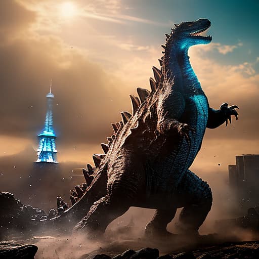 redshift style godzilla vs space godzilla en paris hyperrealistic, full body, detailed clothing, highly detailed, cinematic lighting, stunningly beautiful, intricate, sharp focus, f/1. 8, 85mm, (centered image composition), (professionally color graded), ((bright soft diffused light)), volumetric fog, trending on instagram, trending on tumblr, HDR 4K, 8K