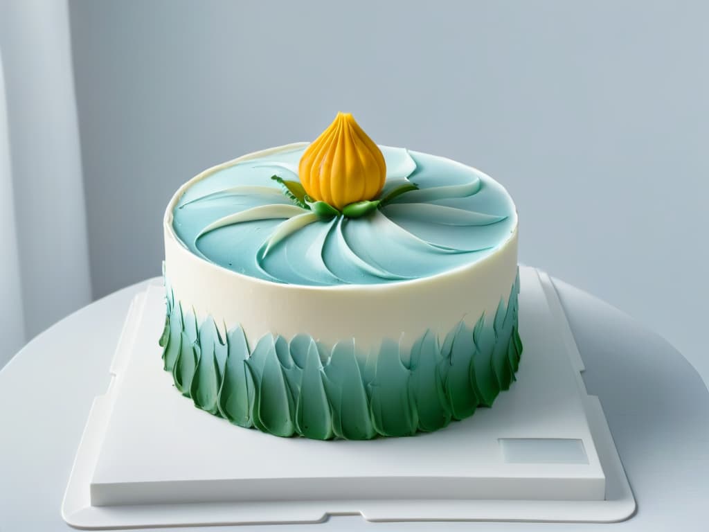  A minimalist 8k ultradetailed image of a futuristic 3Dprinted cake sculpture, showcasing intricate geometric patterns and sleek, modern design elements. The cake is elegantly displayed on a pristine white platter, with soft, diffused lighting emphasizing its flawless contours and innovative aesthetic. hyperrealistic, full body, detailed clothing, highly detailed, cinematic lighting, stunningly beautiful, intricate, sharp focus, f/1. 8, 85mm, (centered image composition), (professionally color graded), ((bright soft diffused light)), volumetric fog, trending on instagram, trending on tumblr, HDR 4K, 8K