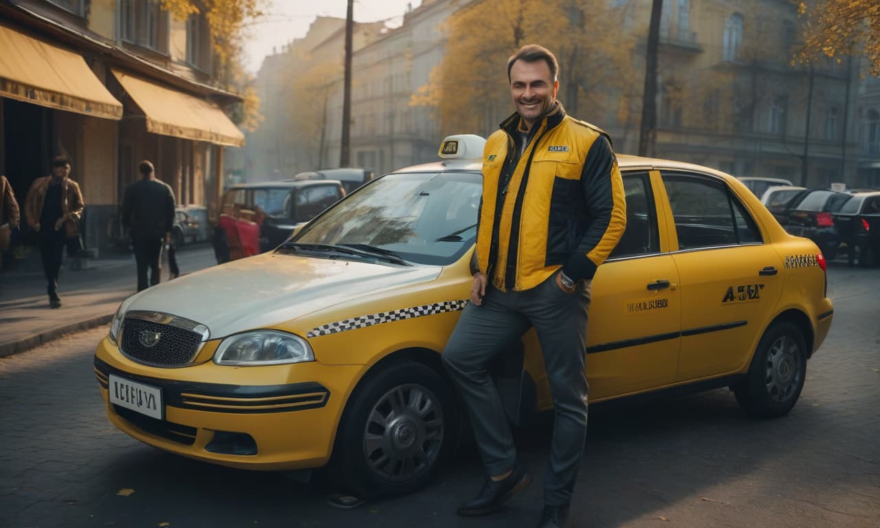  A Russian taxi driver looks at the camera and smiles, with a yellow Geely car parked nearby. hyperrealistic, full body, detailed clothing, highly detailed, cinematic lighting, stunningly beautiful, intricate, sharp focus, f/1. 8, 85mm, (centered image composition), (professionally color graded), ((bright soft diffused light)), volumetric fog, trending on instagram, trending on tumblr, HDR 4K, 8K