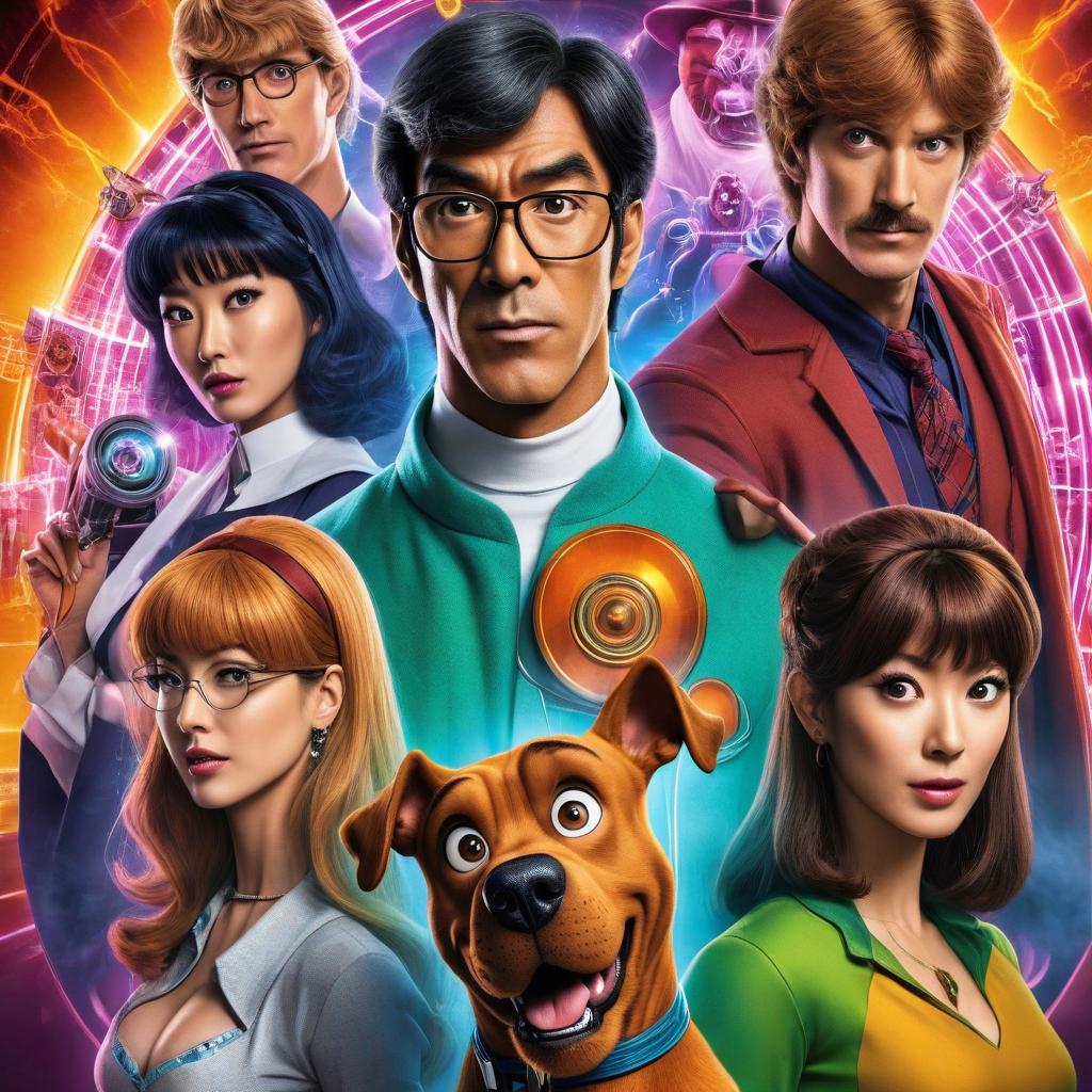  manga style a poster with the characters of Scooby Doo, in the middle stands an evil scientist . vibrant, high energy, detailed, iconic, Japanese comic style hyperrealistic, full body, detailed clothing, highly detailed, cinematic lighting, stunningly beautiful, intricate, sharp focus, f/1. 8, 85mm, (centered image composition), (professionally color graded), ((bright soft diffused light)), volumetric fog, trending on instagram, trending on tumblr, HDR 4K, 8K