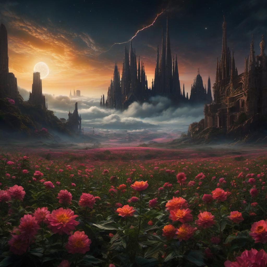  (stylized by Tomasz Alen Kopera:1.3) , dark art, dense flower field and Perseid meteor in background, landscape of a (Barcelona:1.2) , very Bizarre and 1600'S, Hurricane, Glitchcore, Amaro, layered textures, ornate, intricate artistic color, complimentary colors, very inspirational, atmosphere, fine artistic composition, sunny, theatrical hyperrealistic, full body, detailed clothing, highly detailed, cinematic lighting, stunningly beautiful, intricate, sharp focus, f/1. 8, 85mm, (centered image composition), (professionally color graded), ((bright soft diffused light)), volumetric fog, trending on instagram, trending on tumblr, HDR 4K, 8K