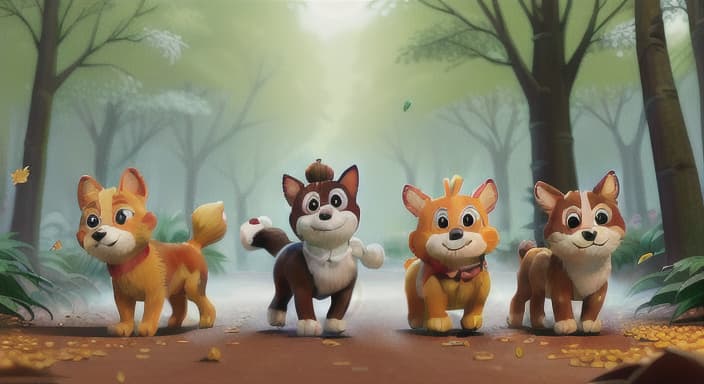  {Coco, Max, and Snowball running through the colorful forest with leaves falling all around them., Coco has a curious nose, Max has a loud bark, and Snowball has a wagging tail that never stops.