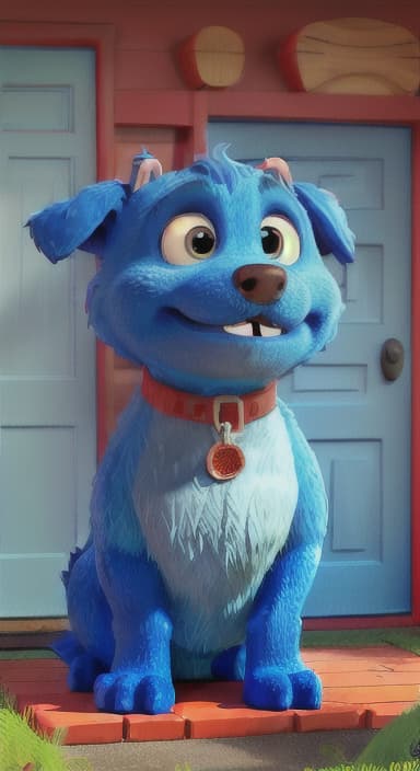  {Max the big blue dog standing in front of a cozy little house with a red door, The big blue dog is large with sky blue fur, big round eyes, a black nose, and floppy ears.