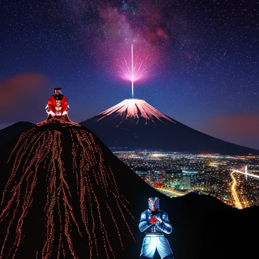  Ultraman climbs Mount Fuji at night,