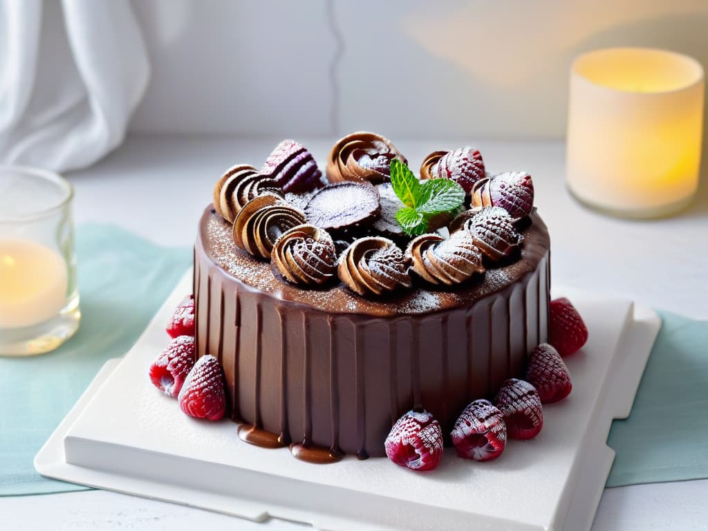  A closeup, ultradetailed image of a perfectly frosted vegan chocolate cake, topped with fresh raspberries and mint leaves, set on a sleek, white marble platter. The glossy ganache glaze reflects the soft, ambient lighting, emphasizing the smooth texture of the cake and the vibrant colors of the toppings. hyperrealistic, full body, detailed clothing, highly detailed, cinematic lighting, stunningly beautiful, intricate, sharp focus, f/1. 8, 85mm, (centered image composition), (professionally color graded), ((bright soft diffused light)), volumetric fog, trending on instagram, trending on tumblr, HDR 4K, 8K