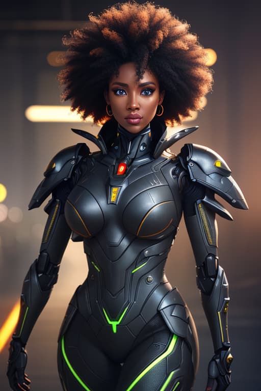  cgmech, beautiful eyes, upper body,, portrait, robot, armor, black zulu women, african, neon light, 8K, RAW, best quality, masterpiece, ultra high res, colorful, (medium wide shot), (dynamic perspective), sharp focus , (depth of field, bokeh:1.3), extremely detailed eyes and face, beautiful detailed eyes,(black gold, trimmed gear:1.2),(In a futuristic weapons factory:1.2), ((masterpiece, best quality)), <lora:more details:0.3> Detailed background, spaceship interior <lora:Niji:0.5> , afro hair, hyperrealistic, full body, detailed clothing, highly detailed, cinematic lighting, stunningly beautiful, intricate, sharp focus, f/1. 8, 85mm, (centered image composition), (professionally color graded), ((bright soft diffused light)), volumetric fog, trending on instagram, trending on tumblr, HDR 4K, 8K