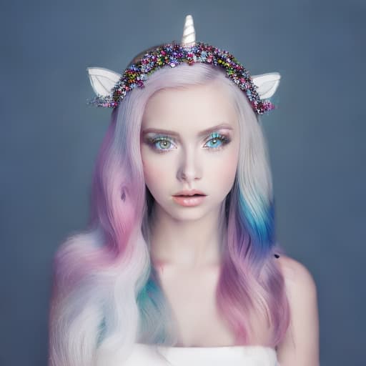 portrait+ style my little pony, white skin, unicorn horn. magenta eyes, multi colored hair, tiara