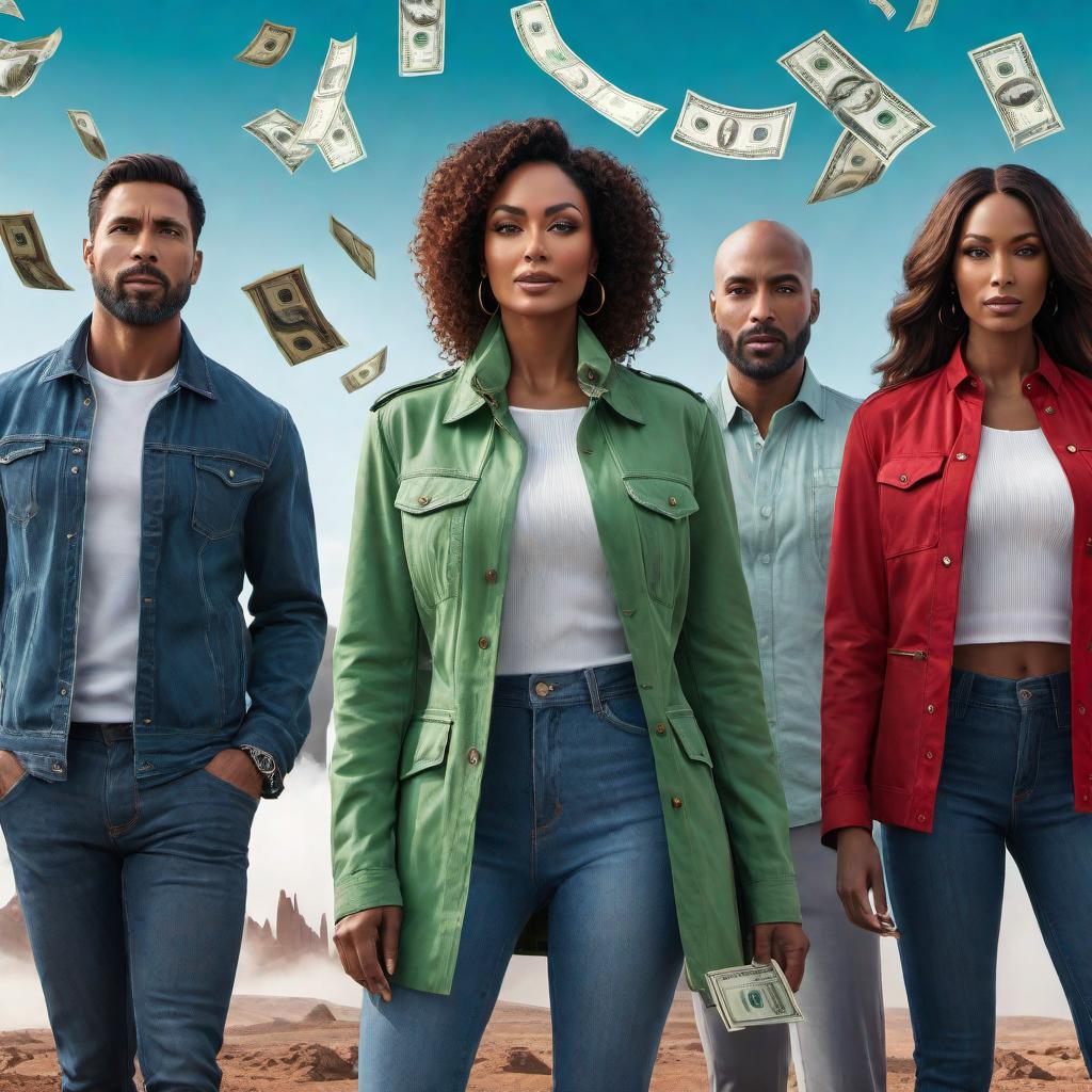  A diverse group of people with different nationalities dressed in casual clothing, all with very upbeat expressions. They are standing together, and in front of them is a trading chart showing the highs in green and lows in red. Above them, there are hundred dollar bills falling from a clear blue sky. The scene is one of success and positivity. hyperrealistic, full body, detailed clothing, highly detailed, cinematic lighting, stunningly beautiful, intricate, sharp focus, f/1. 8, 85mm, (centered image composition), (professionally color graded), ((bright soft diffused light)), volumetric fog, trending on instagram, trending on tumblr, HDR 4K, 8K