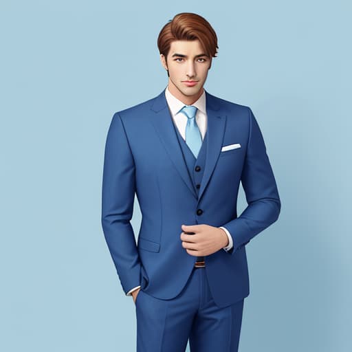  Generates a handsome, stylish business standing male figure with a light blue background fill,