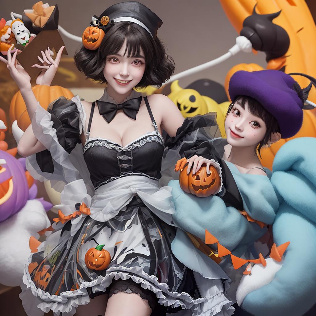  masterpiece, best quality,The personification of the Halloween holiday in the form of a cute girl with short hair and a villain's smile, (((cute girl)))cute hats, cute cheeks, unreal engine, highly detailed, artgerm digital illustration, woo tooth, studio ghibli, deviantart, sharp focus, artstation, by Alexei Vinogradov bakery, sweets, emerald eyes,