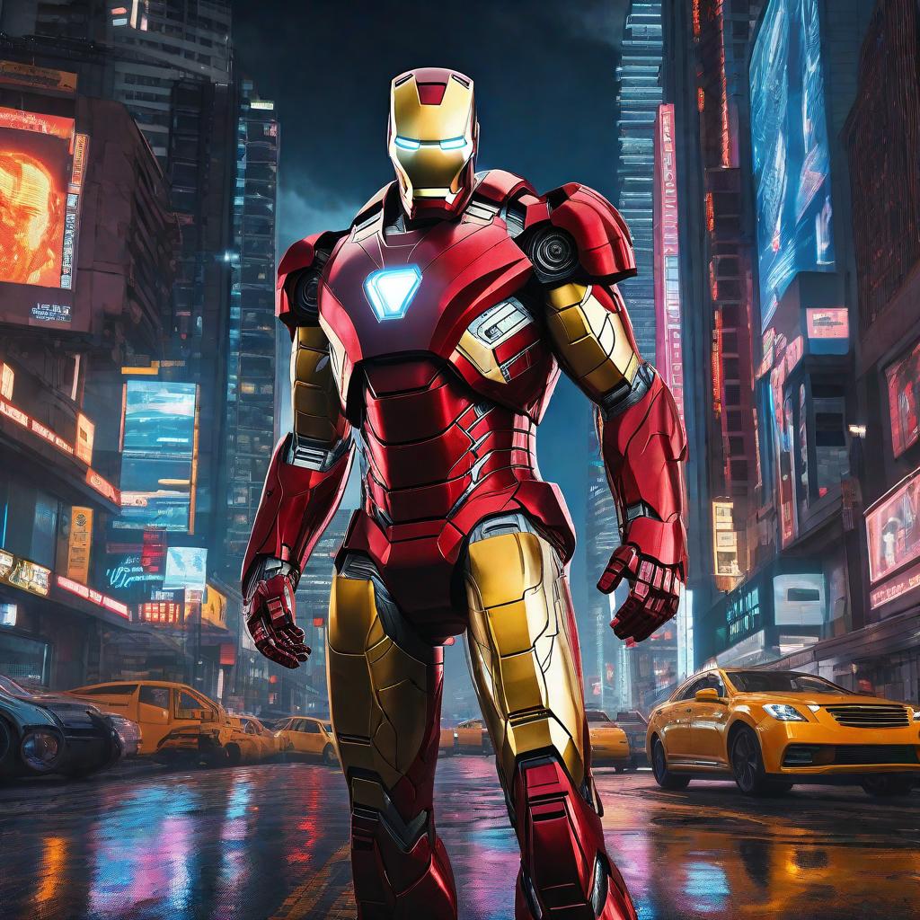  masterpiece, best quality, masterpiece, 8k resolution, realistic, highly detailed, Iron Man close-up. He stands on a street lined with tall buildings in a cyberpunk style city at night. The city's night lights are bright, and the surrounding buildings and streets are full of cyberpunk elements such as neon lights, high-tech equipment and futuristic architectural design.