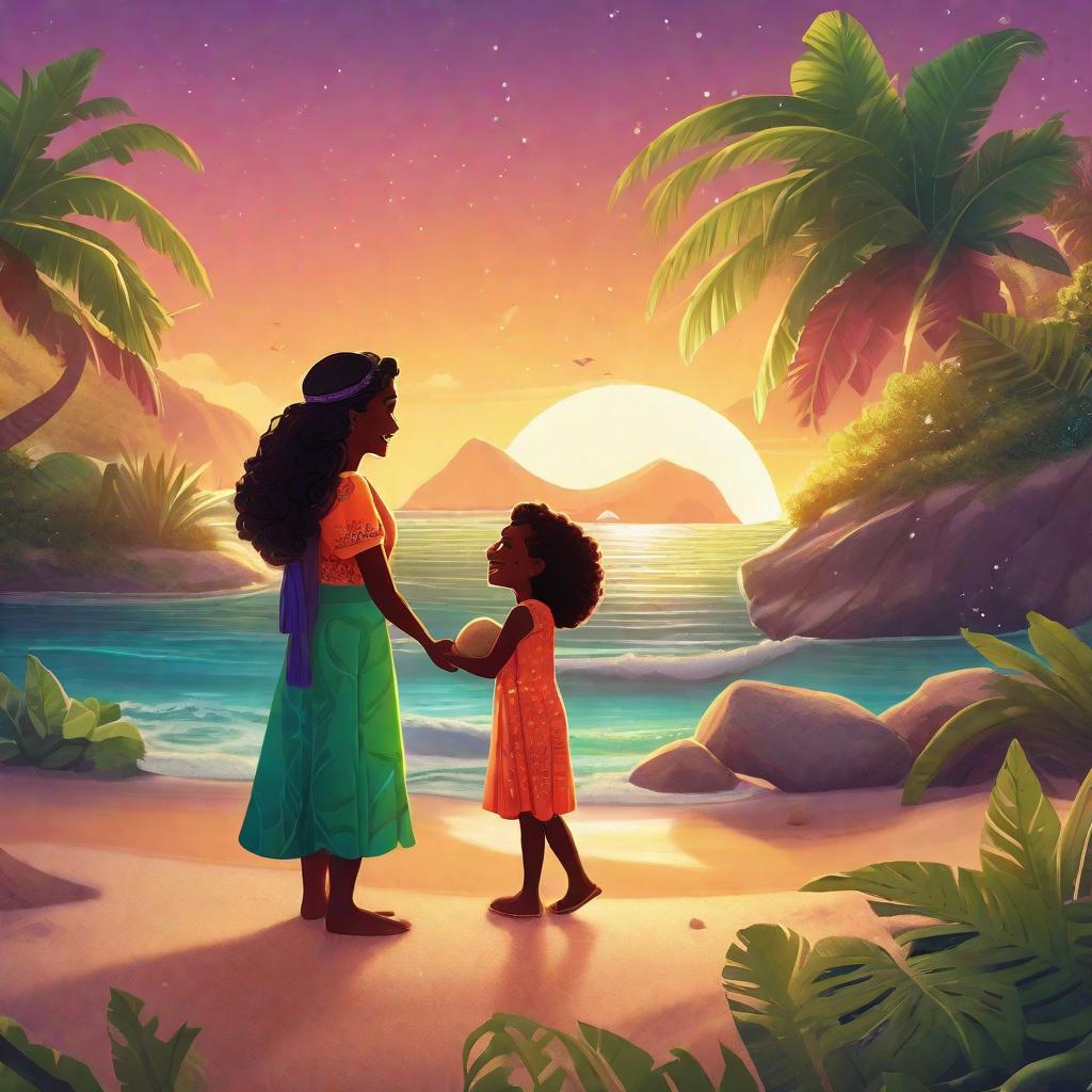  Prompt: "A heartwarming scene set on a glowing beach on an isolated, tropical island, filled with lush vegetation. The main characters are a cheerful, brightly dressed child and its mother, both displaying wide, excited eyes filled with anticipation. They are both fixated on a shiny, magical-looking stone glimmering in the child’s hand. The stone emits a sparkling, warm light that illuminates their faces and reflects in their eyes. The child prepares to make a wish, showing an innocent, hopeful expression while the mother watches on lovingly, marvelling at the glowing stone. The problem they encounter is humorously represented by a friendly looking, cartoonish seagull tugging at the end of the scarf tied around the magical stone. The colo hyperrealistic, full body, detailed clothing, highly detailed, cinematic lighting, stunningly beautiful, intricate, sharp focus, f/1. 8, 85mm, (centered image composition), (professionally color graded), ((bright soft diffused light)), volumetric fog, trending on instagram, trending on tumblr, HDR 4K, 8K