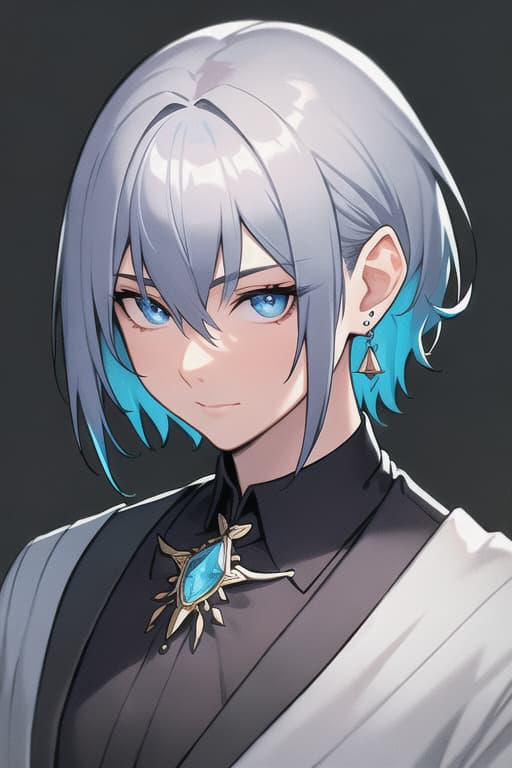  (high saturation:1.5),solo,looking at viewer,short hair,bangs,blue eyes,shirt,long sleeves,male,1boy,hair between eyes,jewelry,closed mouth,upper body,grey hair,male focus,earrings,frills,hand up,grey background,black shirt,brooch,gem,blue gemstone, hyperrealistic, full body, detailed clothing, highly detailed, cinematic lighting, stunningly beautiful, intricate, sharp focus, f/1. 8, 85mm, (centered image composition), (professionally color graded), ((bright soft diffused light)), volumetric fog, trending on instagram, trending on tumblr, HDR 4K, 8K