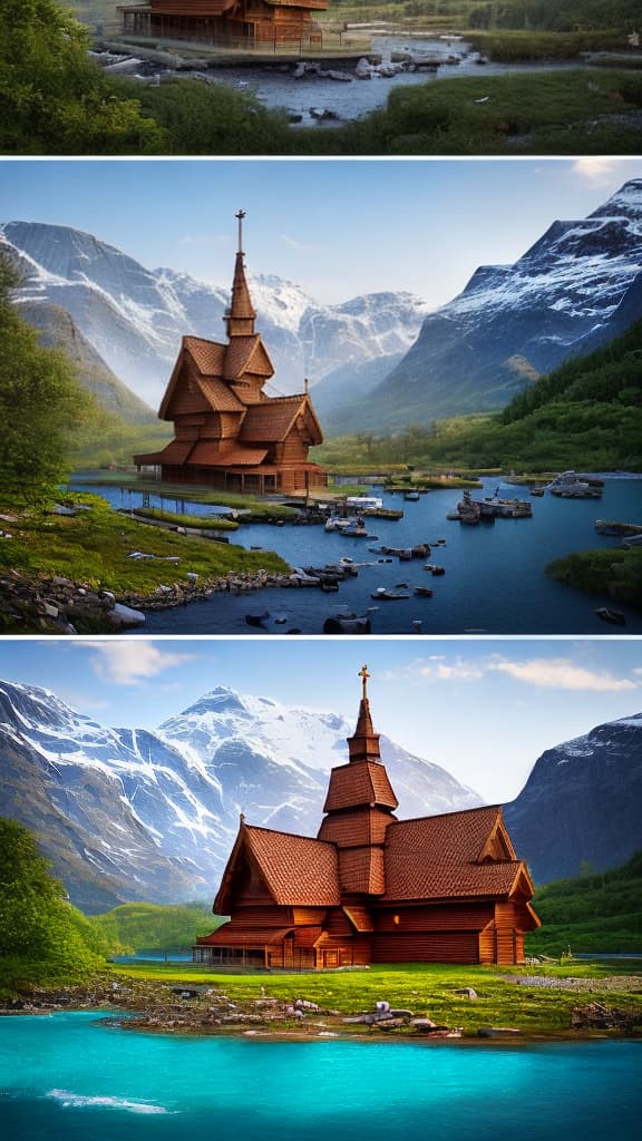  A birthday greeting card in Norwegian style. ((A traditional wooden stave church)) surrounded by ((lush green mountains)) and a ((crystal clear blue lake)) in the foreground. The church is adorned with intricate wood carvings and ((colorful frescoes)) on its walls. The card is ((hand-painted with delicate brush strokes)) and has a ((glossy finish)) for the best quality. The entire scene is captured in ((ultra-detailed)) 8k resolution, showcasing the beauty of Norwegian architecture and nature. The lighting is warm and golden, with the sun setting behind the mountains, casting a soft glow on the church and the landscape. hyperrealistic, full body, detailed clothing, highly detailed, cinematic lighting, stunningly beautiful, intricate, sharp focus, f/1. 8, 85mm, (centered image composition), (professionally color graded), ((bright soft diffused light)), volumetric fog, trending on instagram, trending on tumblr, HDR 4K, 8K