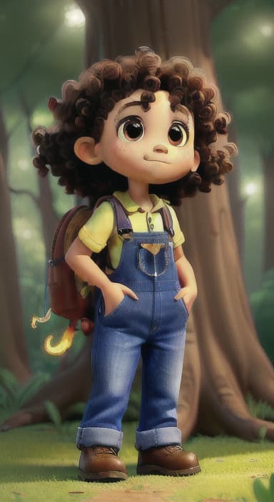  {The tree with a twinkling eye, while its leaves gently rustle., Riley, a curious with big brown eyes and curly hair, wearing overalls and carrying a small backpack. Their friend, Skye, a bluebird with shiny feathers.