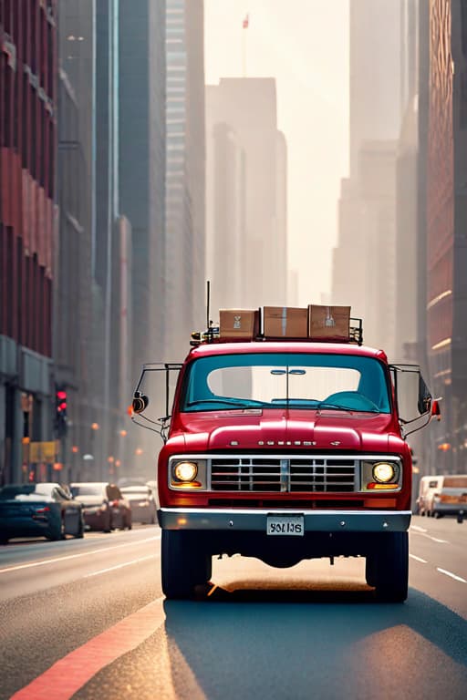  A red pickup truck loaded with goods was driving down the highway hyperrealistic, full body, detailed clothing, highly detailed, cinematic lighting, stunningly beautiful, intricate, sharp focus, f/1. 8, 85mm, (centered image composition), (professionally color graded), ((bright soft diffused light)), volumetric fog, trending on instagram, trending on tumblr, HDR 4K, 8K